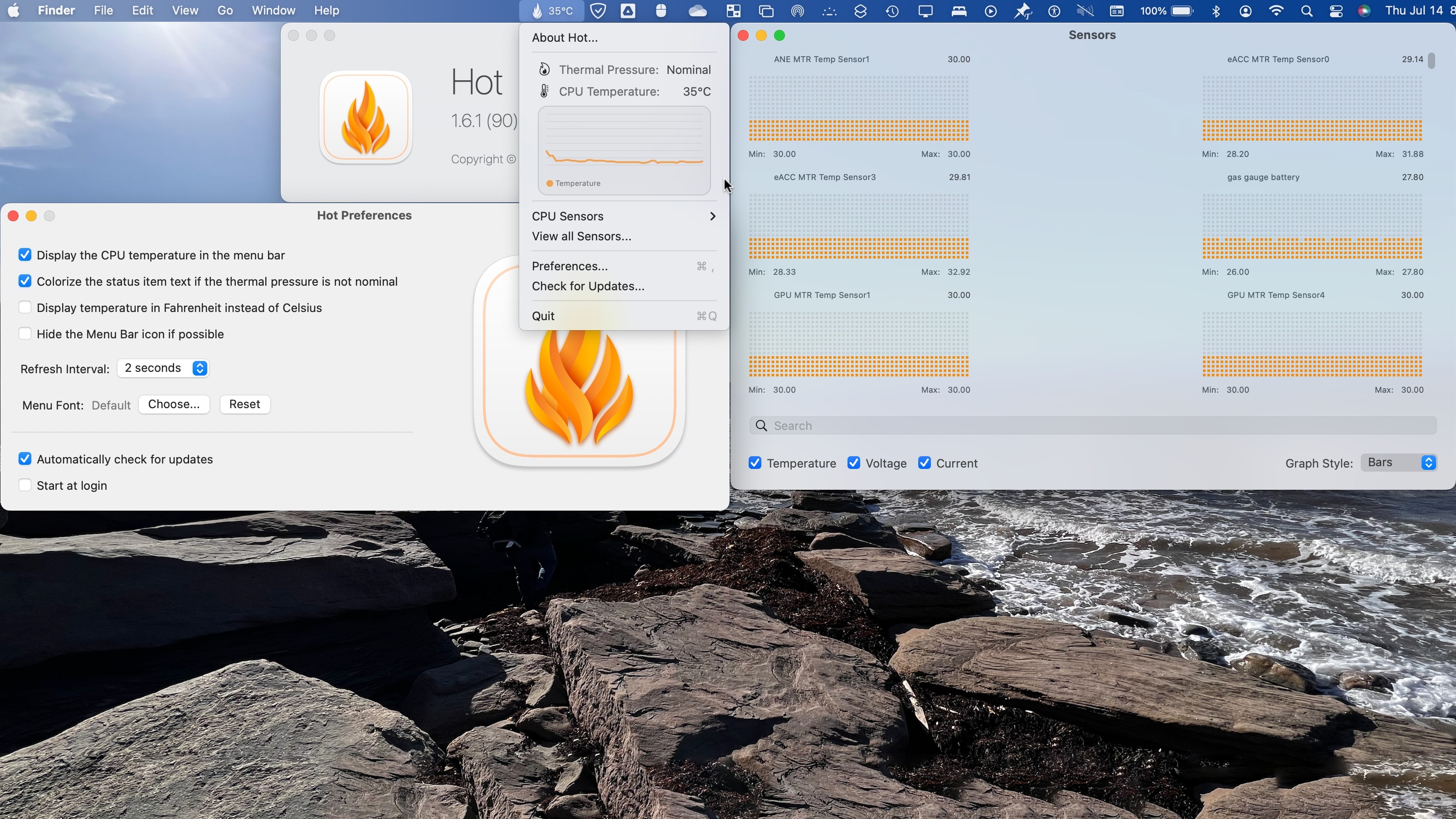 The Hot app can display CPU temperatures in Celsius or Fahrenheit.