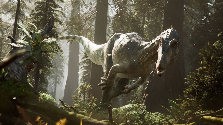 A dinosaur makes its way through the trees in The Lost Wild.