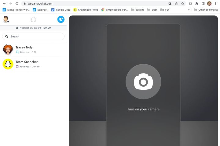 The Snapchat browser app asks you to turn on your webcam.