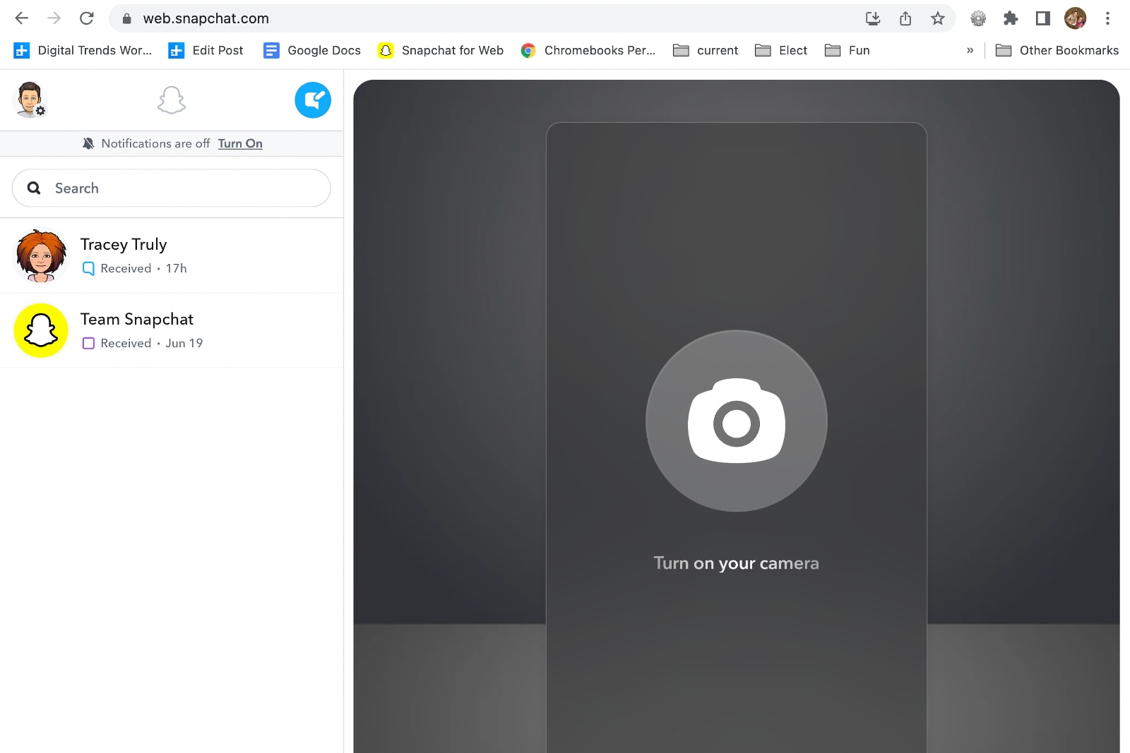 La aplicación del navegador Snapchat le pide que encienda su cámara web.
