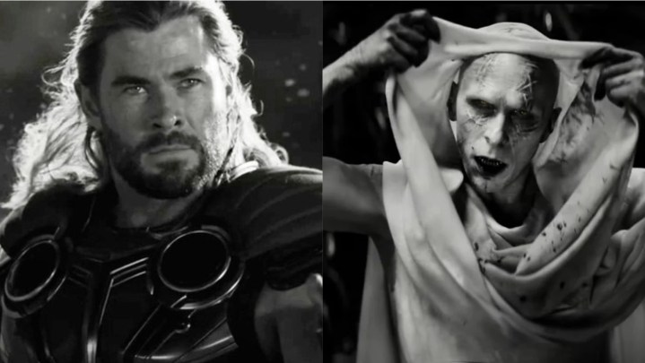Split image of Thor and Gorr, the God Butcher in Love and Thunder.