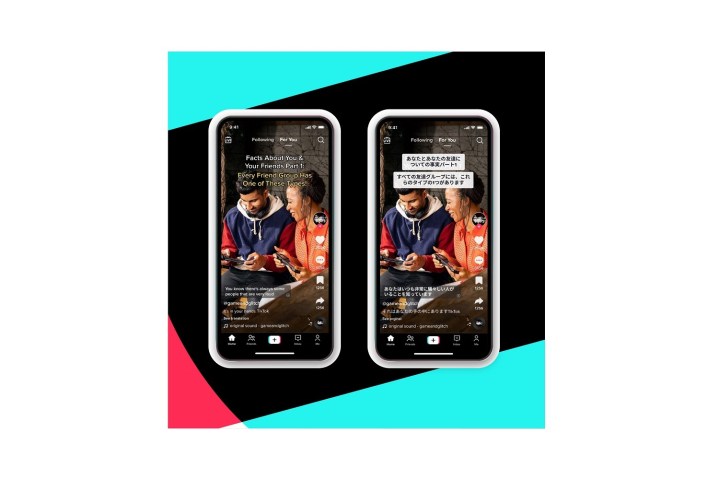 Due smartphone che mostrano un video TikTok prima e dopo l'aggiunta di didascalie, descrizioni e adesivi di testo tradotti.