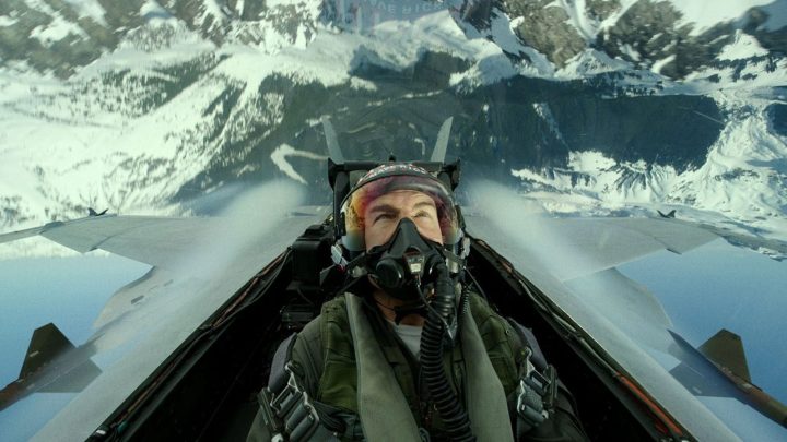 Tom Cruise flies a plane in Top Gun: Maverick.