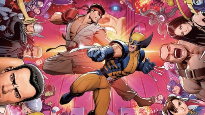 A collage of Marvel vs.  Capcom 3's characters in battle.