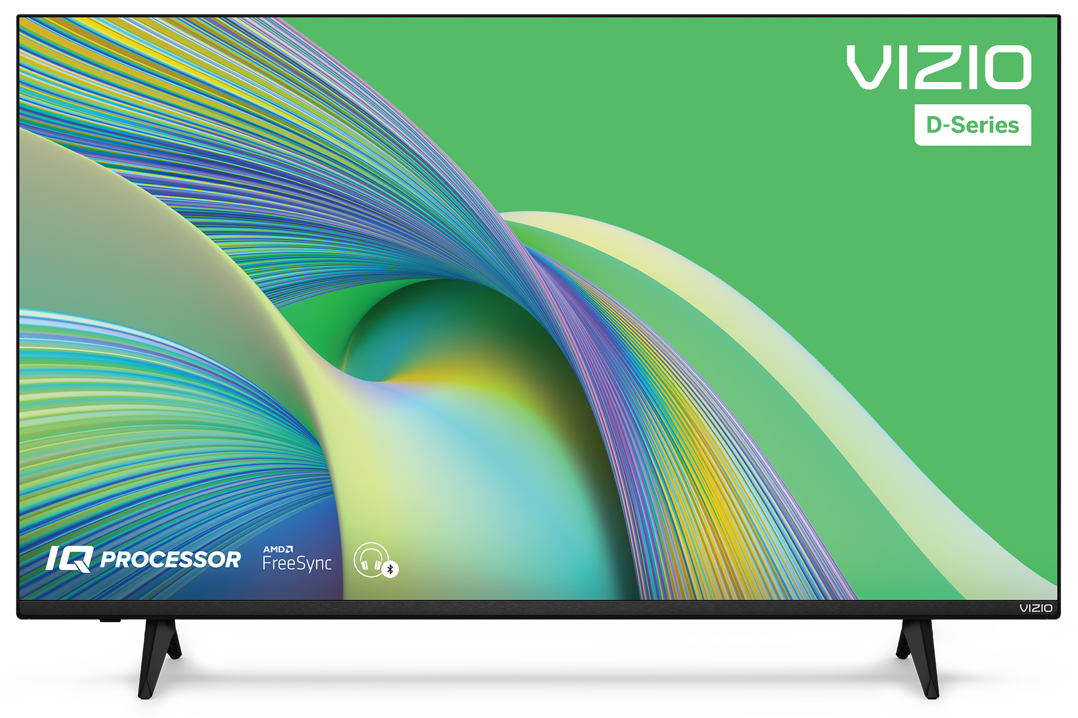 A TV Vizio D-Series está sobre um fundo branco exibindo uma tela de marketing.