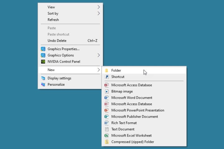 New, Folder in the Windows desktop shortcut menu.