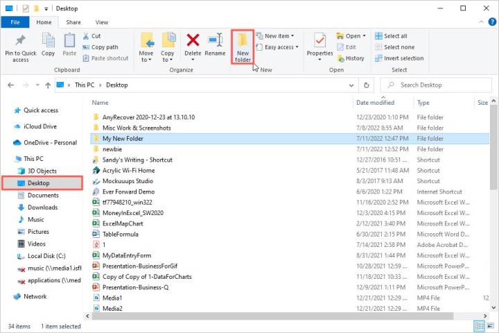 New Folder in the ribbon on the File Explorer Home tab.