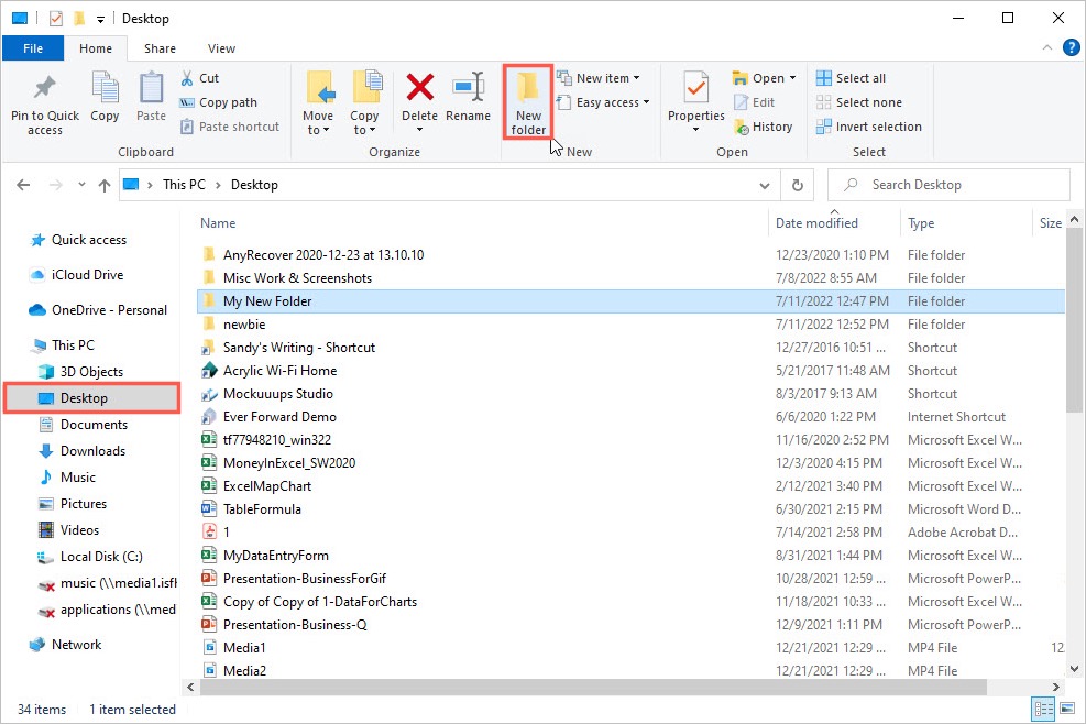 New Folder in the ribbon on the File Explorer Home tab.