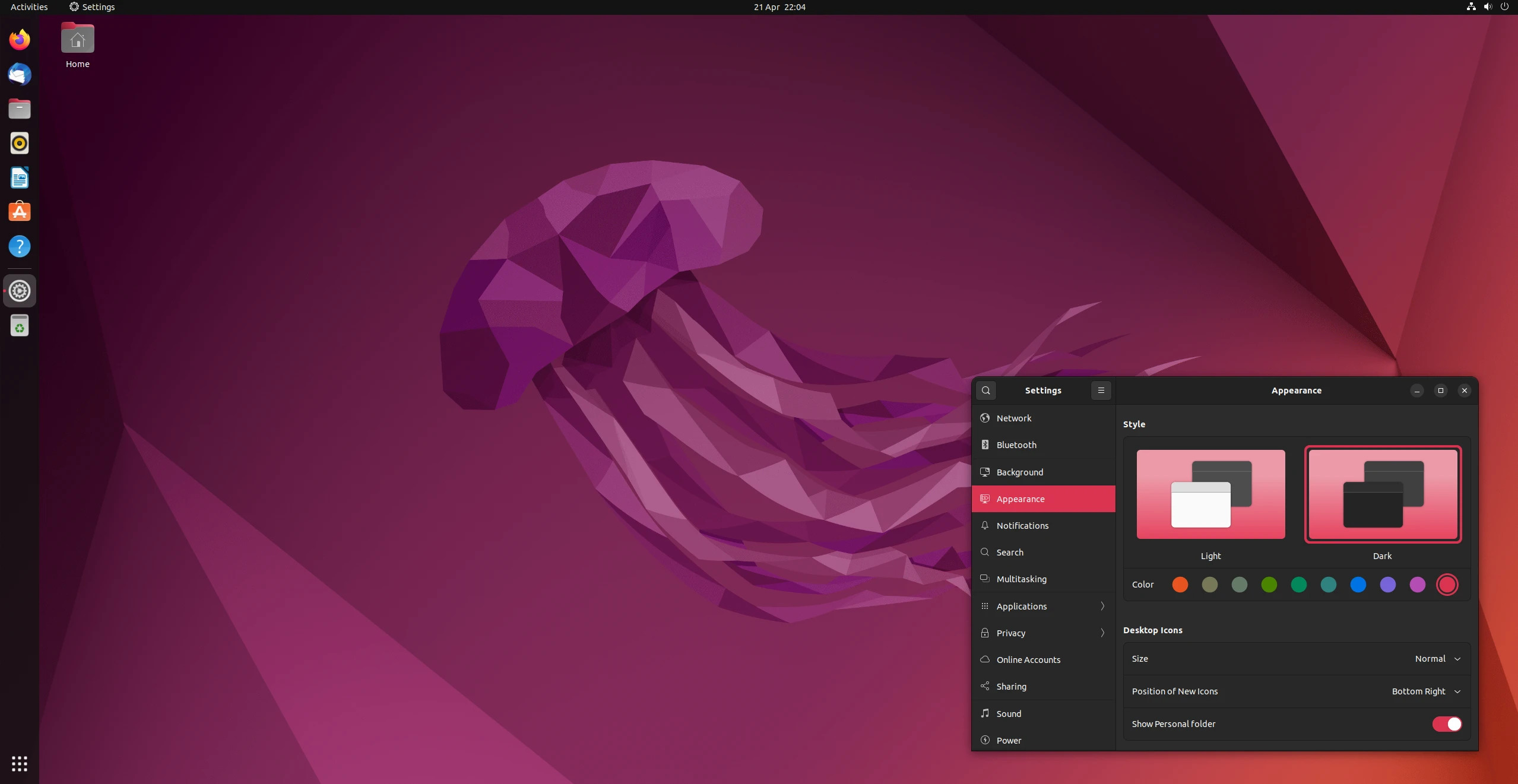 Captura de pantalla de Ubuntu 22.04 Jammy Jellysfish con un menú oscuro en la esquina inferior izquierda
