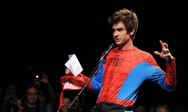 Andrew Garfield poses as Spider-Man at San Diego Comic Con.