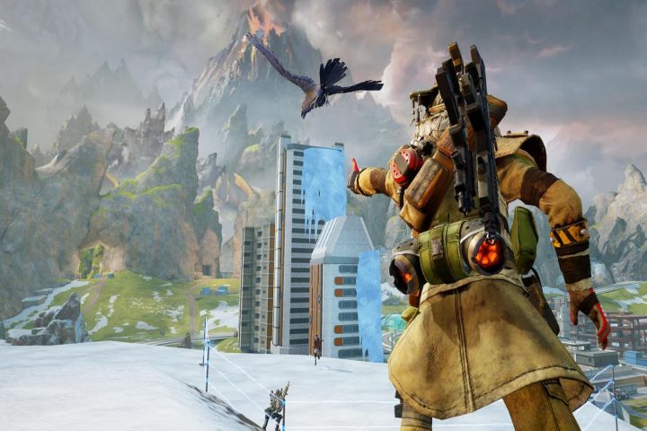 A character launches his bird in a snowy landscape in Apex Legends Mobile on Android.