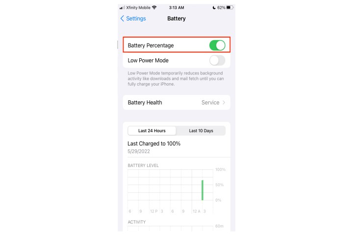 Controle de porcentagem de bateria do iPhone.