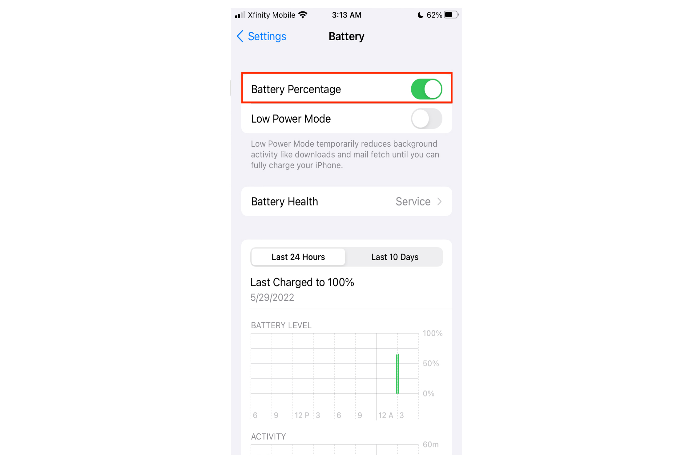 Controle de porcentagem de bateria do iPhone.