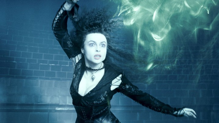 Helena Bonham Carter casts a spell as Bellatrix Lestrange in a Harry Potter movie.