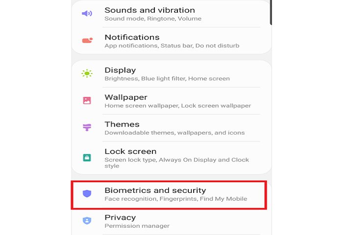 Biometrics option on Samsung Galaxy phone.