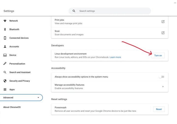 The Chrome OS settings menu with developers tool highlighted
