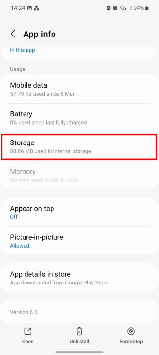 Finding Storage options in app options.