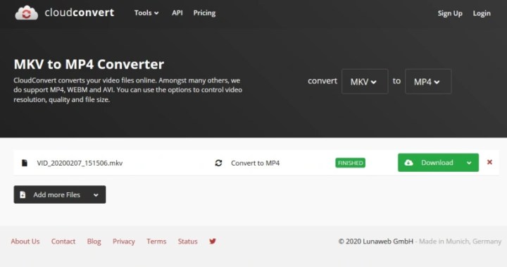 The MKV to MP4 Converter on CloudConvert's website.