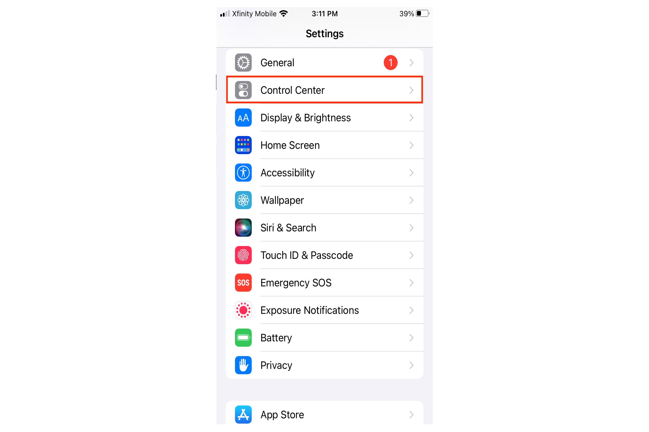 iPhone settings Control Center.