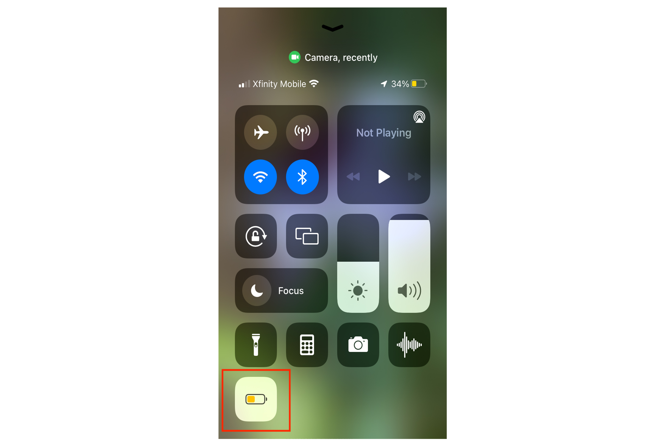 iPhone settings Control Center Low Power Mode indicator.