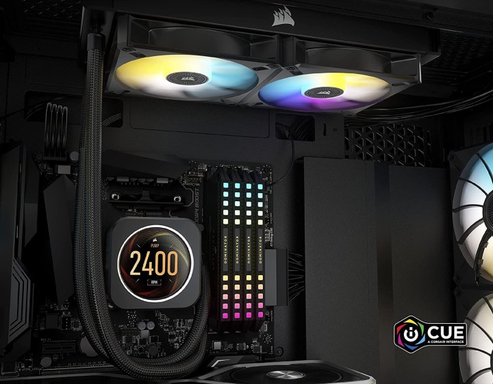 The Corsair iCUE H100i Elite LCD 240mm AiO liquid cooler installed inside a PC.