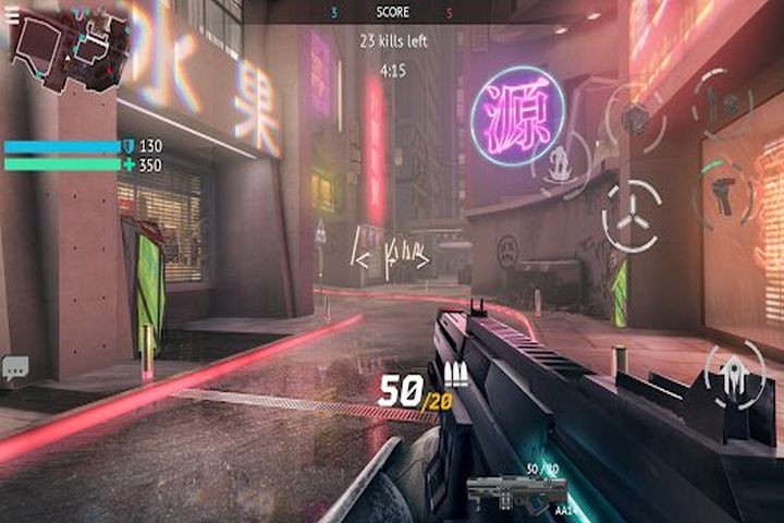 Infinity Ops cyberpunk FPS on Android showing a colorful neon city street.
