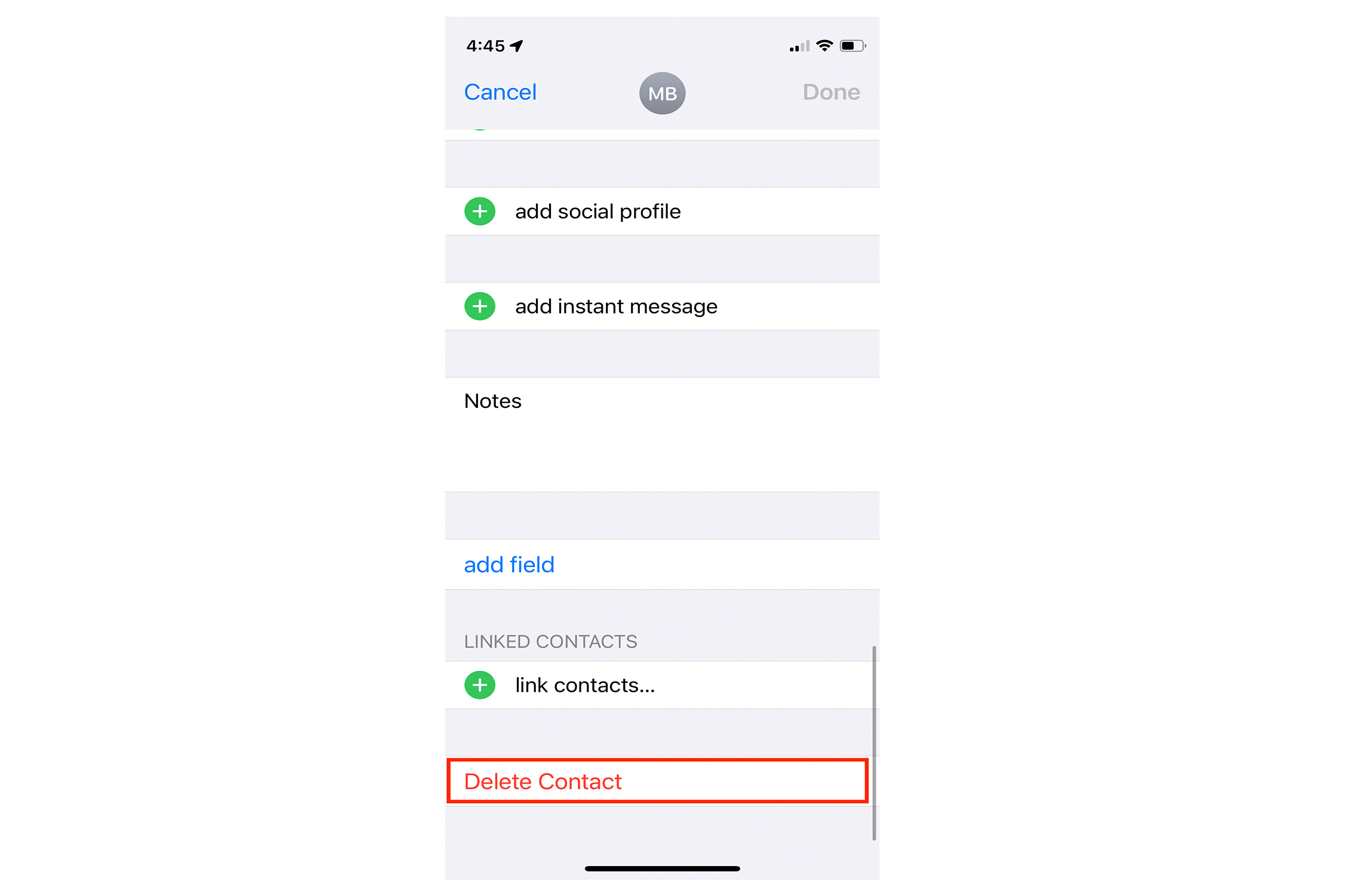 Aplicativos para iPhone Aplicativo de contatos Comando Excluir.