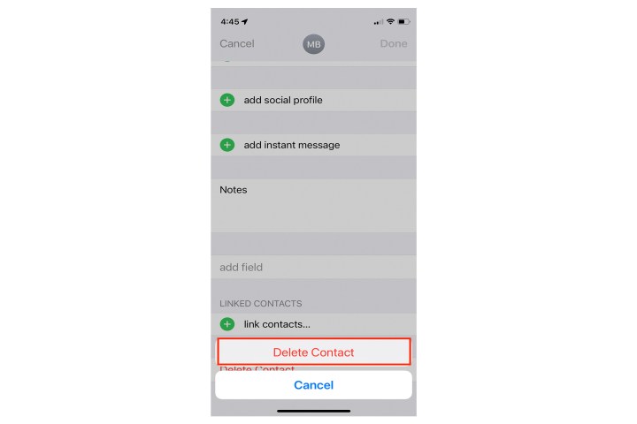 Приложения для iPhone Приложение «Контакты» Подтверждение удаления.