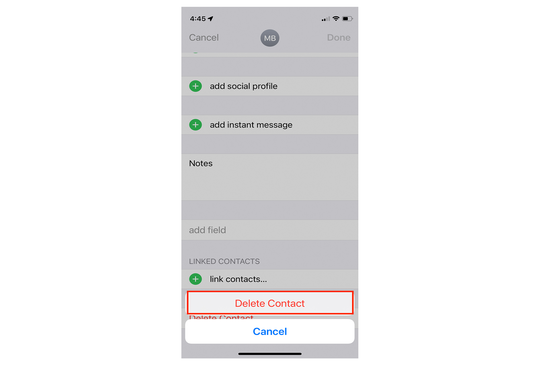 Aplicativos para iPhone Aplicativo de contatos Confirmação de exclusão.