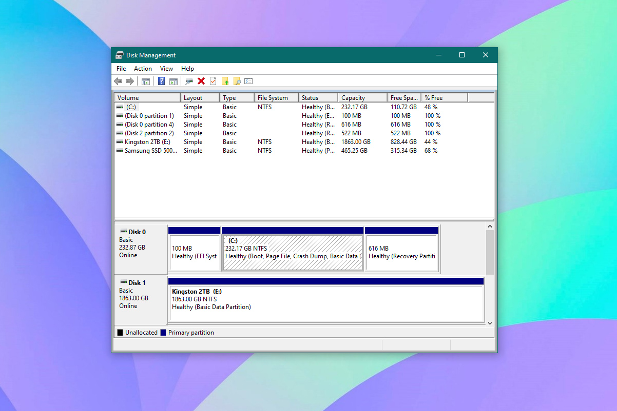 Captura de pantalla de la utilidad Administración de discos en Windows 10.