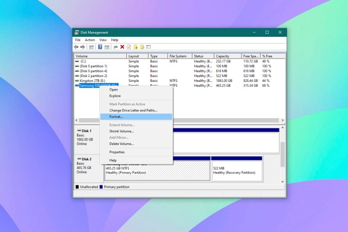 Screenshot of Disk Management utility to format SSD on Windows 10.