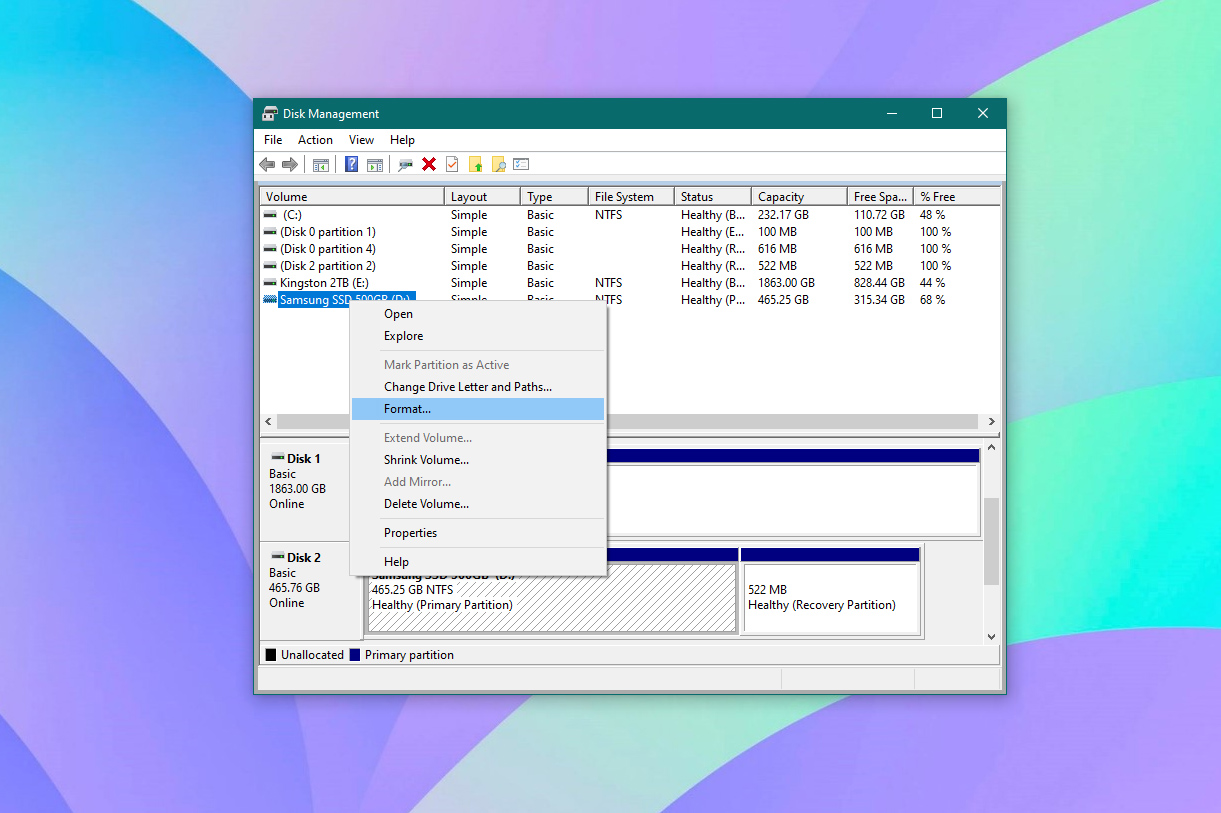 Captura de pantalla de la utilidad Administración de discos para formatear SSD en Windows 10.