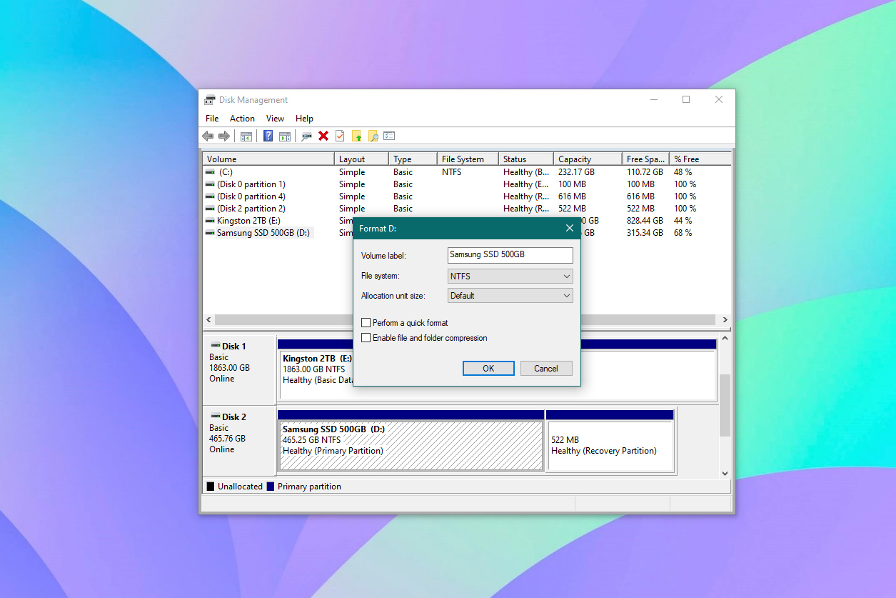 Captura de pantalla de la utilidad Administración de discos con opciones de formato ssd en Windows 10.