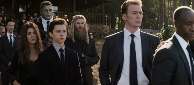 The Avengers attend Tony Stark's funeral in Avengers: Endgame.