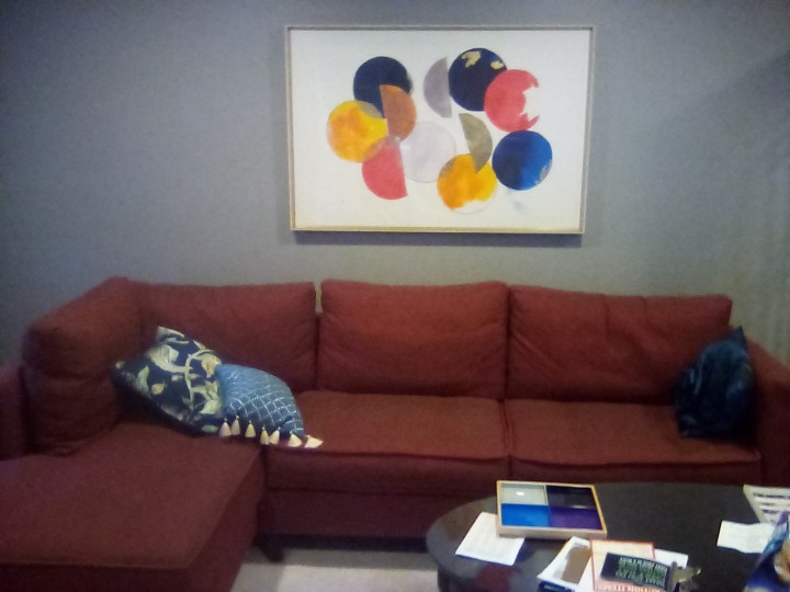 Una foto scattata con il Fire 7 di un divano rosso e un dipinto. La fotografia è sfocata e sgranata a causa della scarsa fotocamera del dispositivo.