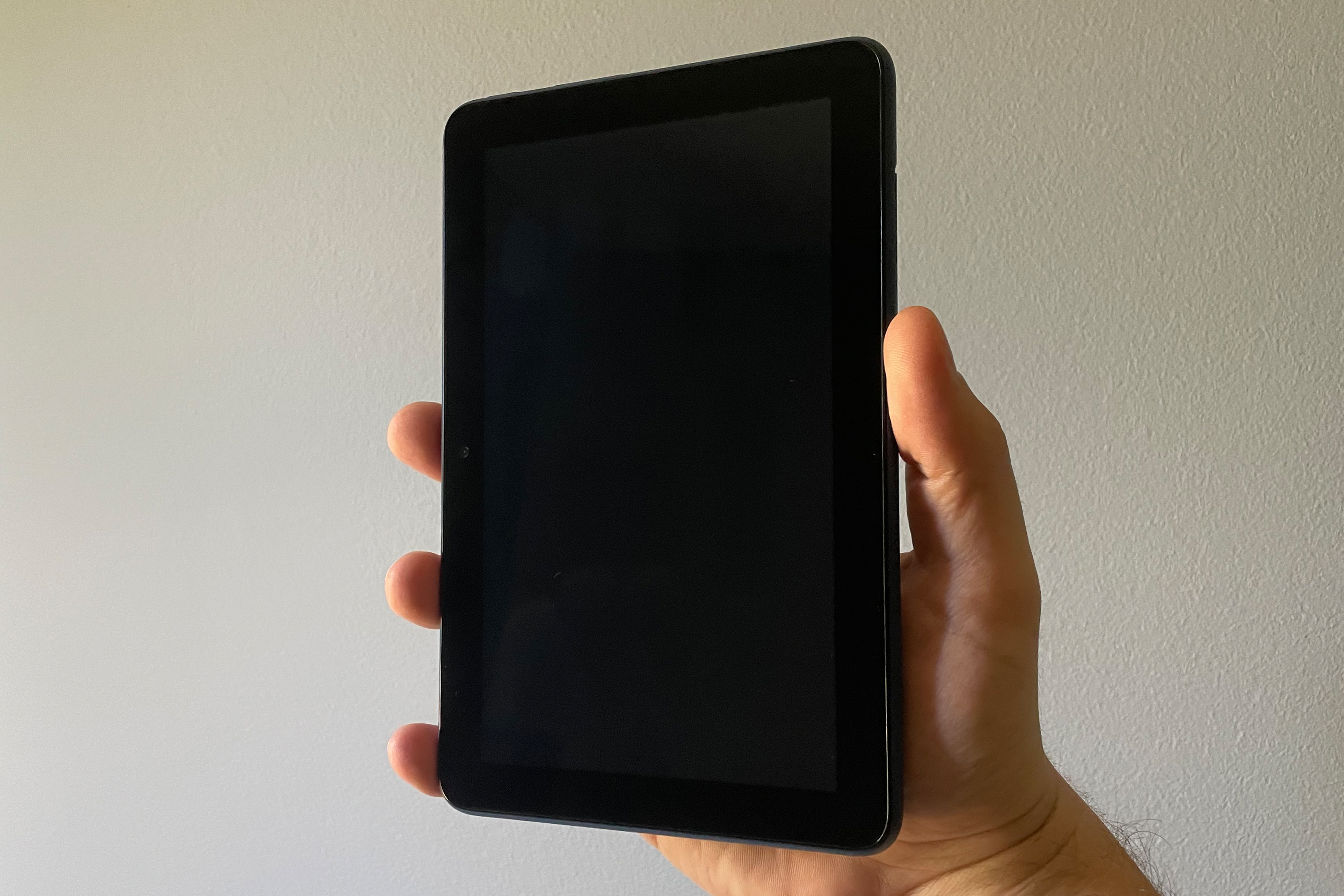 2022 Amazon Fire 7 held vertically showing its screen