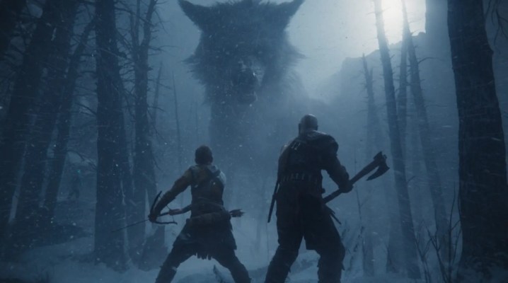 Kratos and his son stare down a wolf in God of War Ragnarok.