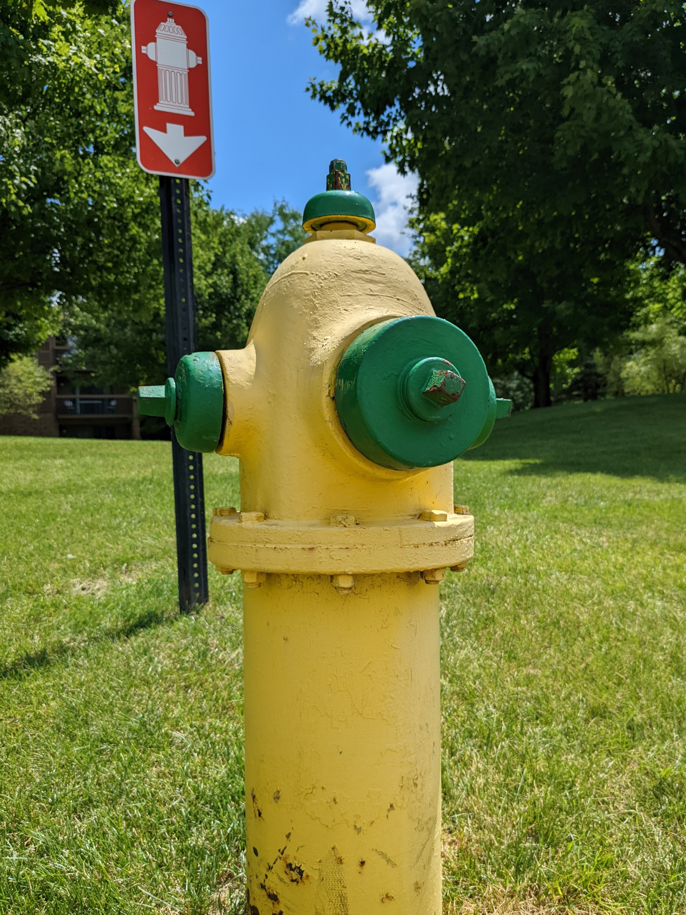 Un idrante antincendio giallo con un cartello rosso dietro.