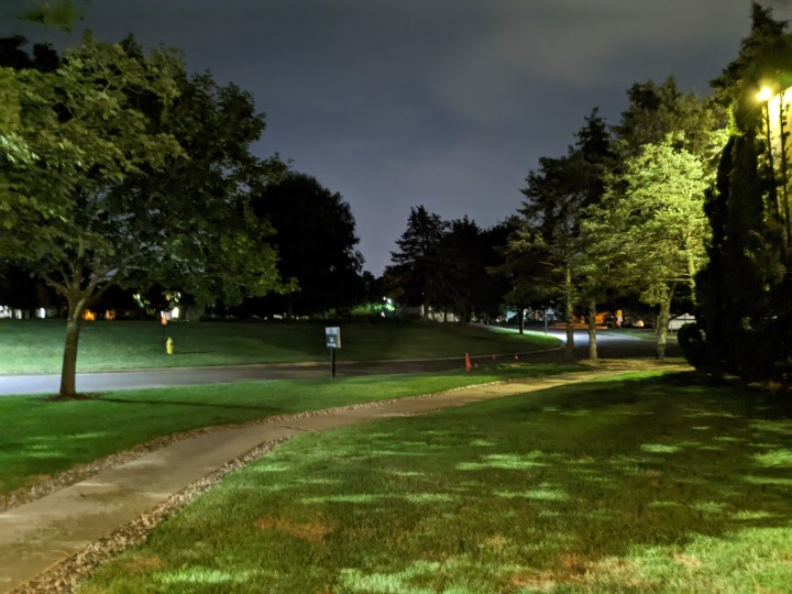 A photo taken at night with the 6a's Night Mode. You can see green grass, a sidewalk, and some trees.
