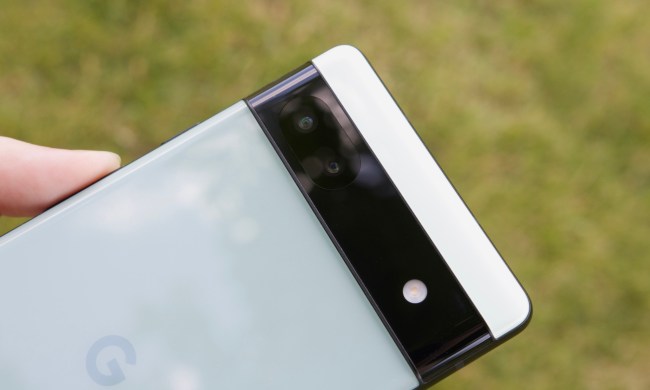 The back of the Google Pixel 6a. It's a close-up shot focusing on the phone's rear camera bar.