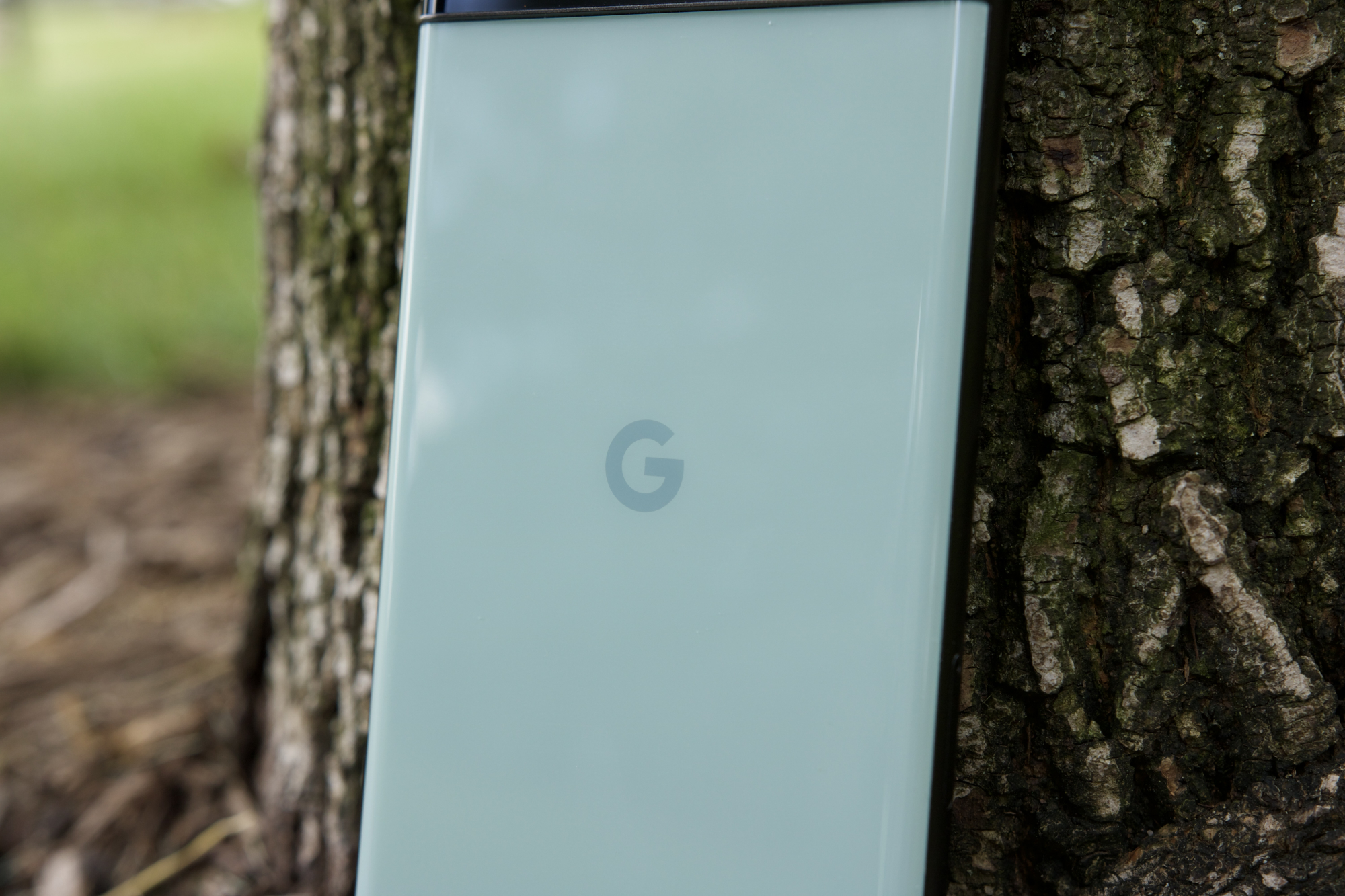 Eine Nahaufnahme des Google Pixel 6a, fokussiert auf das Google-Logo des Telefons.