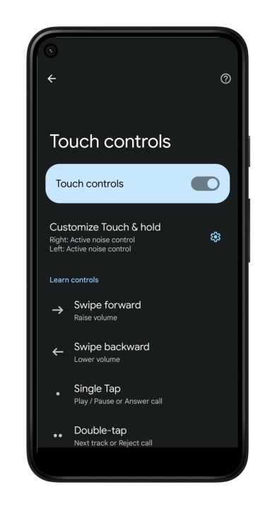 Pixel Buds app for Android: touch controls.