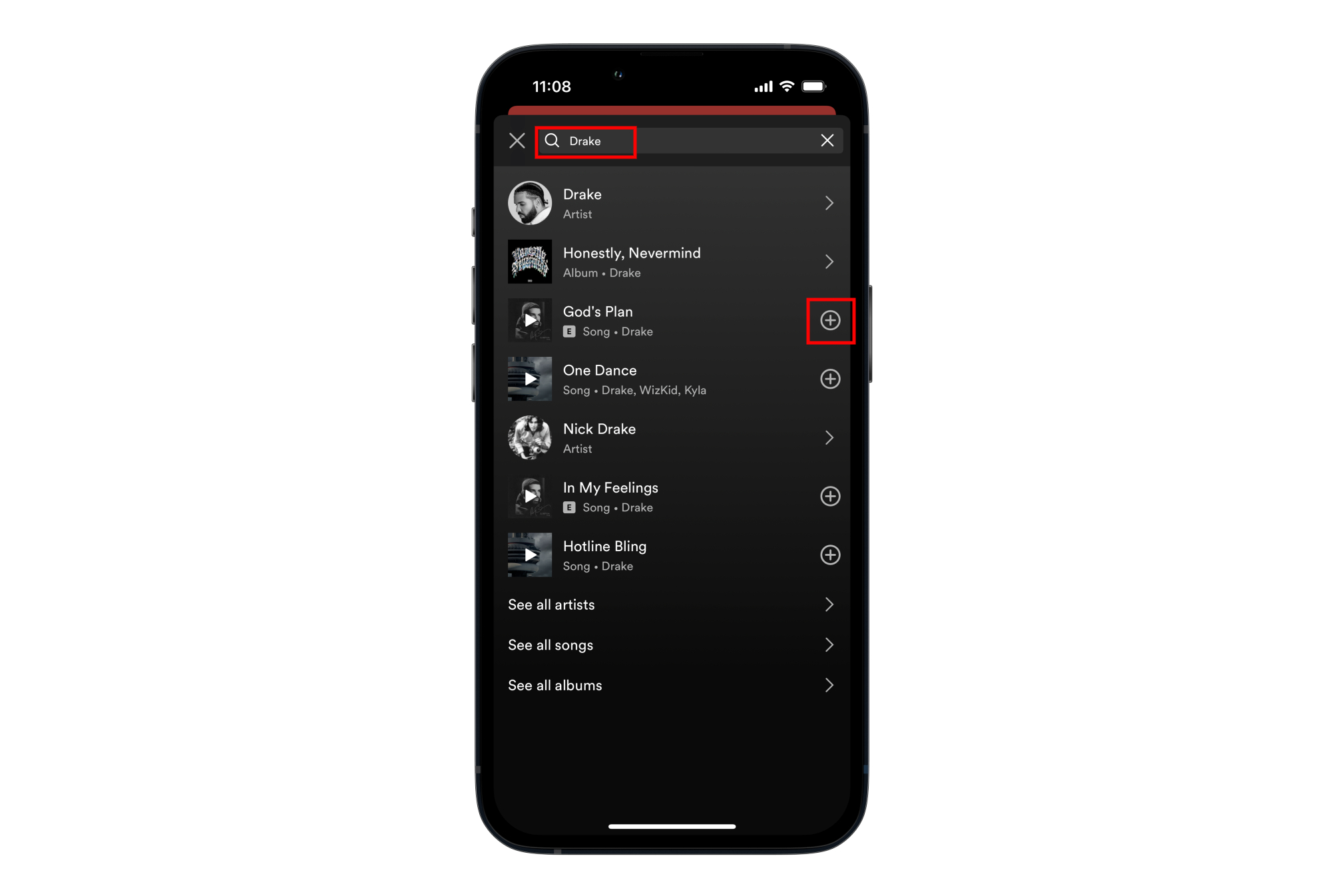Como procurar uma música e adicioná-la a uma lista de reprodução do Spotify no aplicativo móvel.