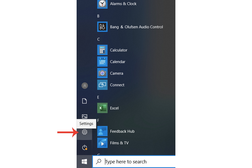 The Settings button on Windows 10.