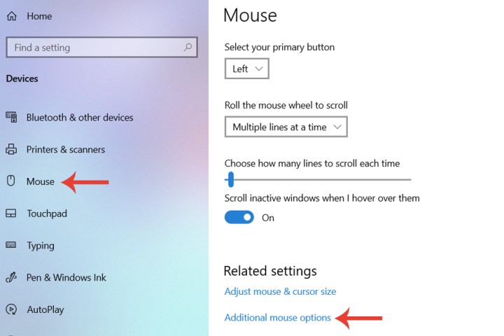 As opções de mouse adicionais no Windows 10.