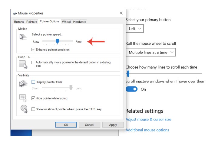 A seção para alterar o DPI de um mouse no Windows 10.