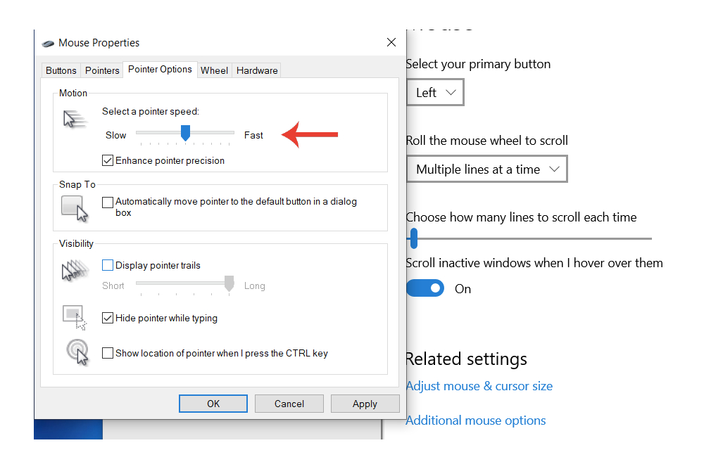 La sección para cambiar el DPI de un mouse en Windows 10.