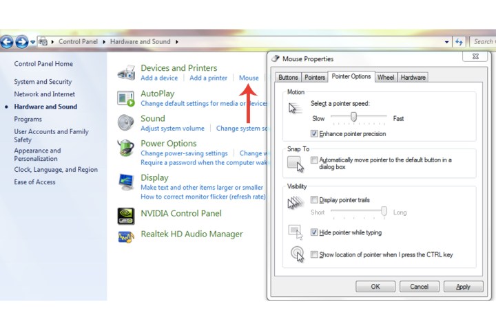 Alterando o DPI do mouse no Windows 7.
