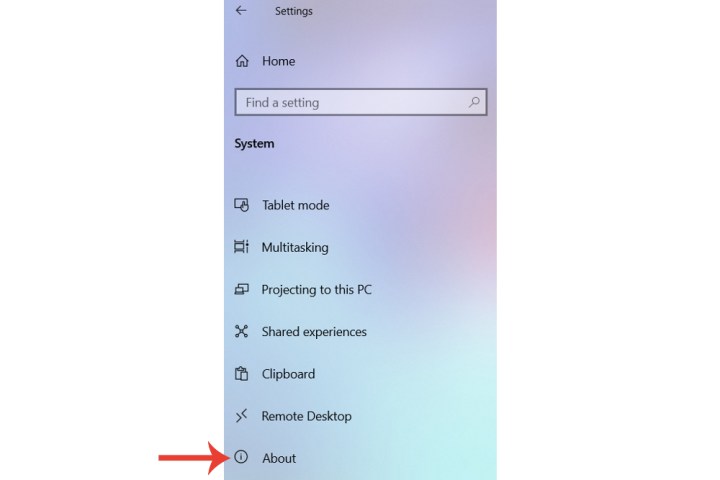 The About option highlighted on Windows 10.