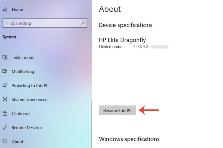 The rename this PC button in Windows 10 in the About menu is highlighted.